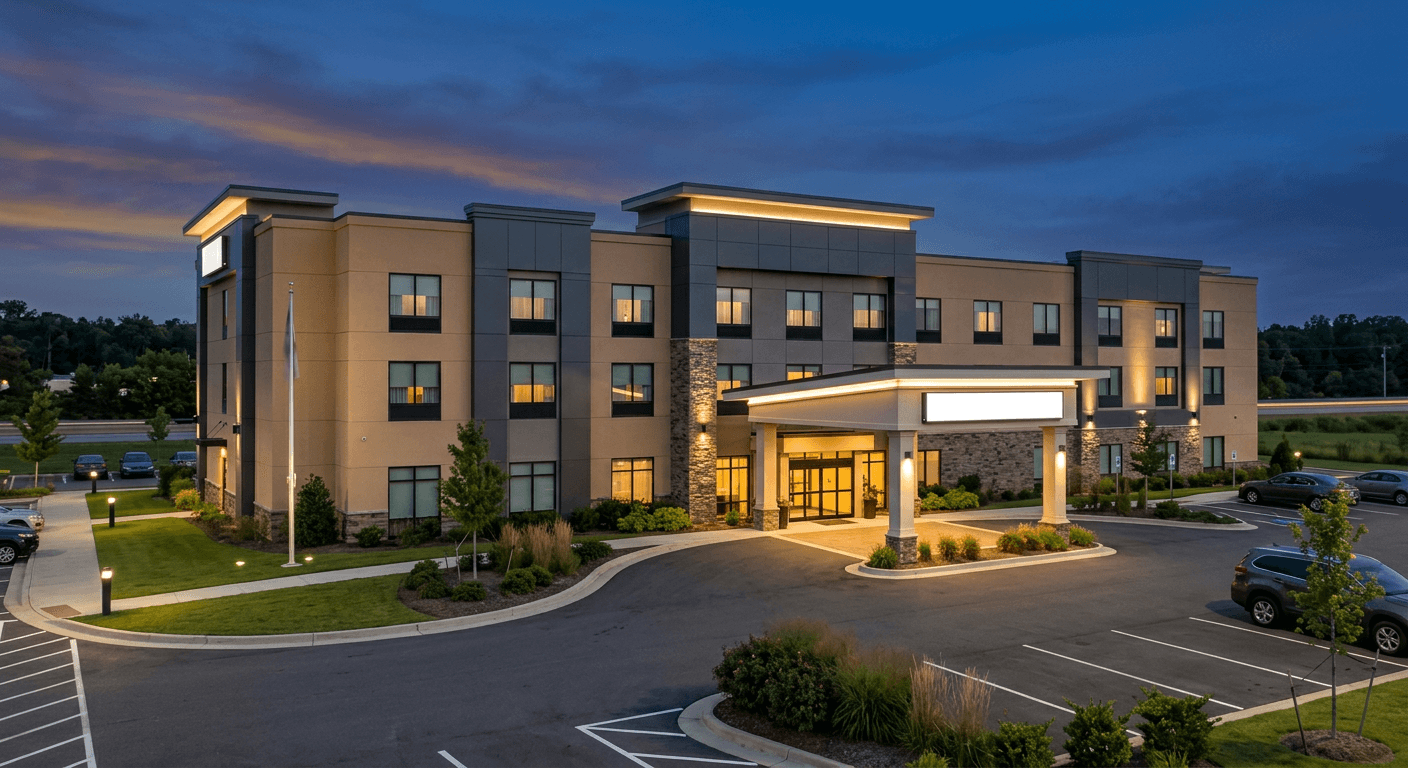 Three-storey roadside hotel at dusk