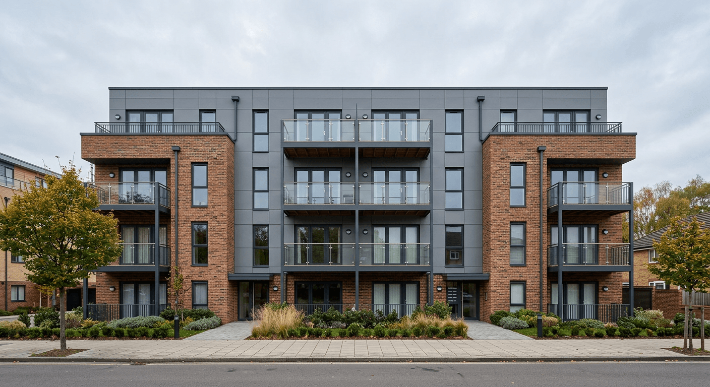 Four-storey brick apartment building with balconies