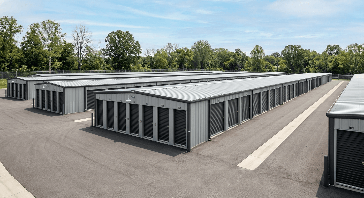 Rows of self-storage units with roll-up doors
