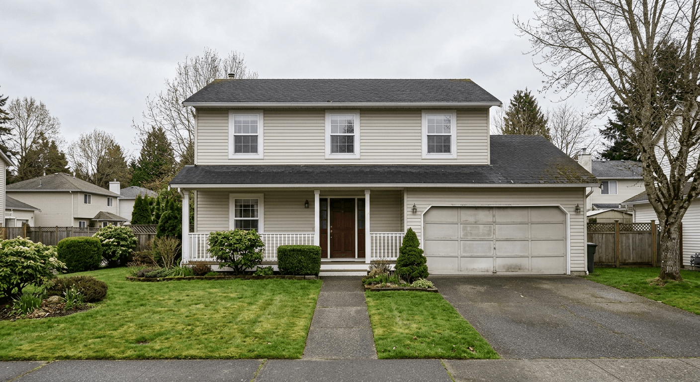 Two-storey suburban house with dated siding